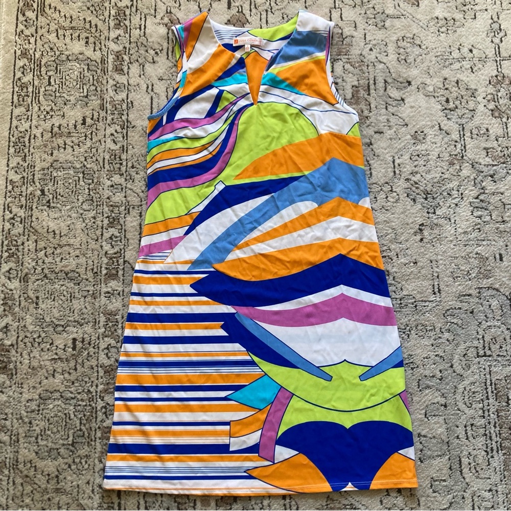 Jude Connally Multi Color Abstact Pattern Notch Neck Dress Size M